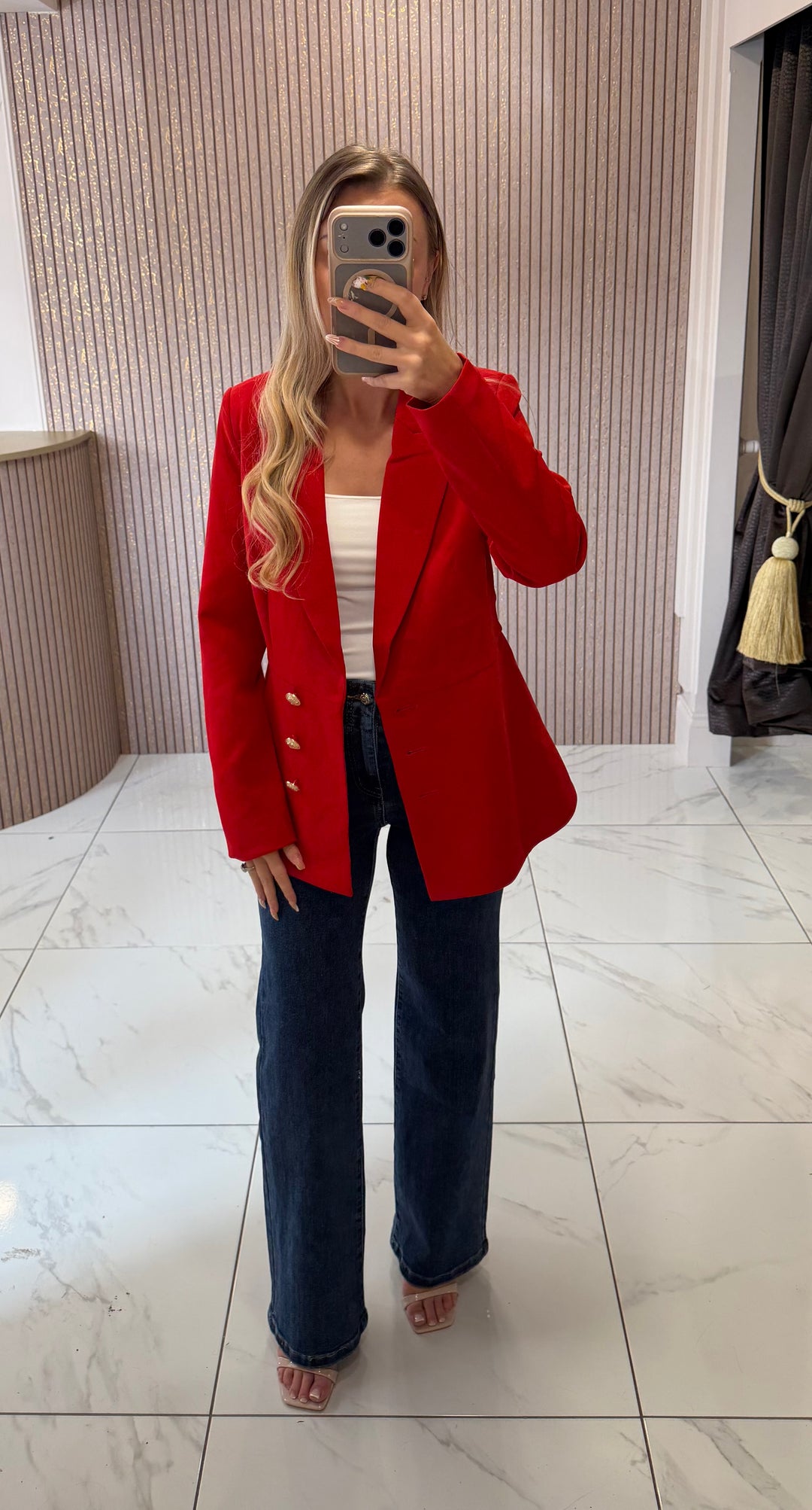 Charlotte Red Structured Blazer With Gold Buttons