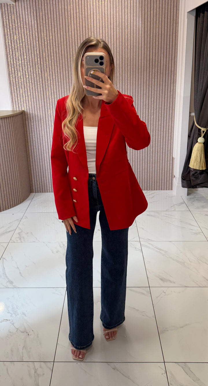 Charlotte Red Structured Blazer With Gold Buttons