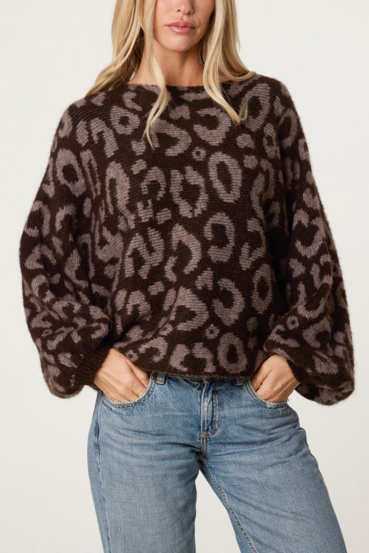 Leana Chocolate Leopard Print Balloon Sleeve Jumper