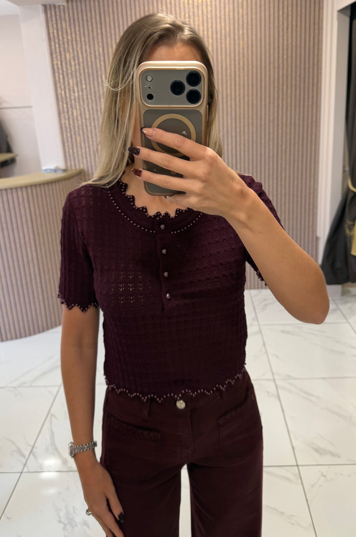 Loretta Burgundy Pearl Embellished Knit Top