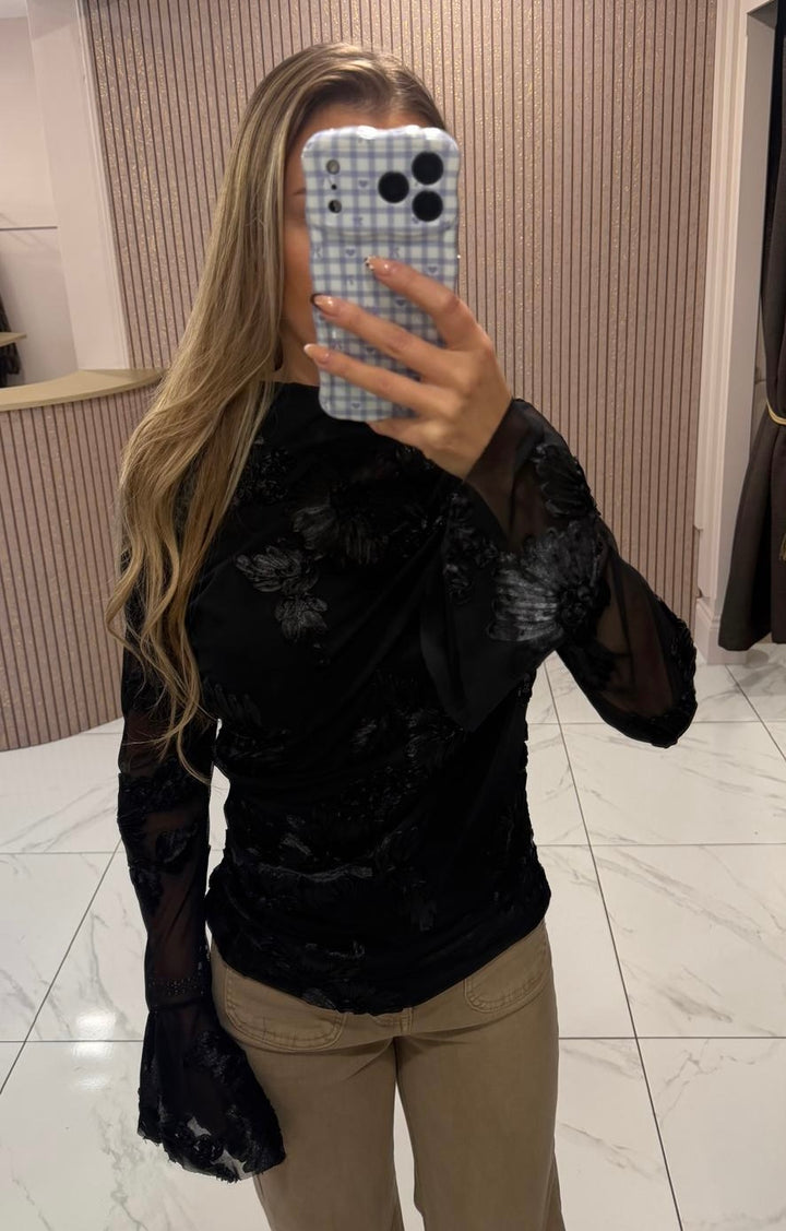 Jean Black Floral Embroidered Mesh Top