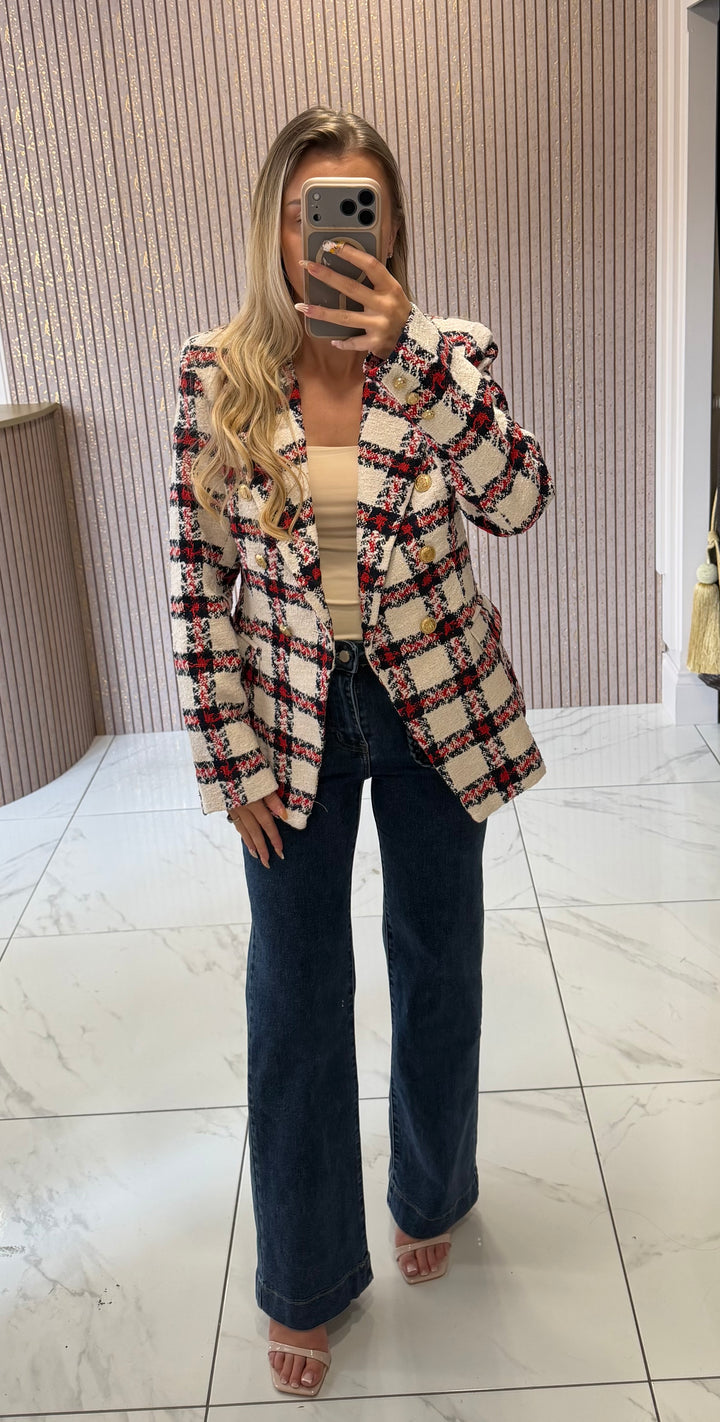 Grace Red Tweed Blazer With Gold Buttons