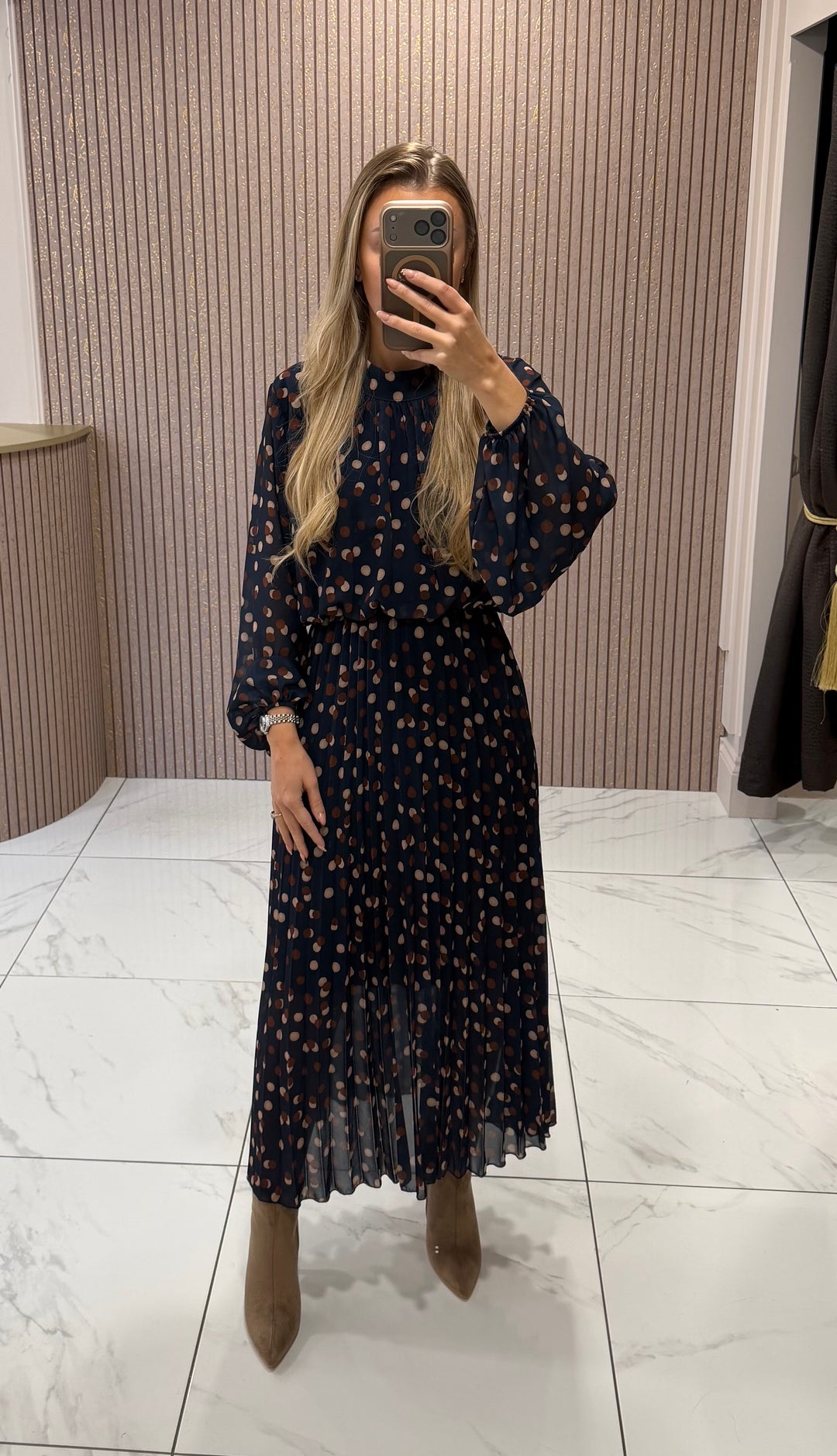 Millie Navy Polka Dot &amp; Pleated Dress