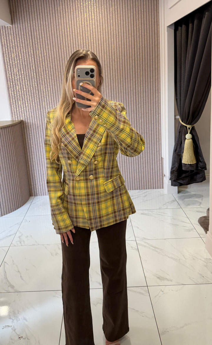 Iona Check Double Breasted Blazer With Gold Buttons