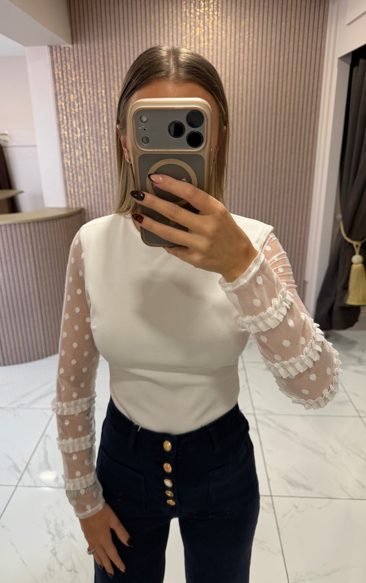 Priya Polka Dot Sleeve White Bodysuit
