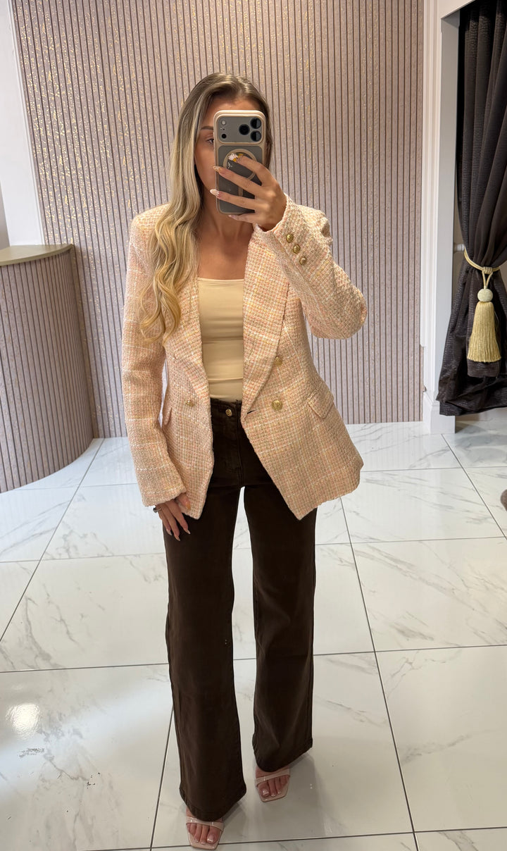 Hazel Dusky Pink Tweed Blazer With Gold Buttons