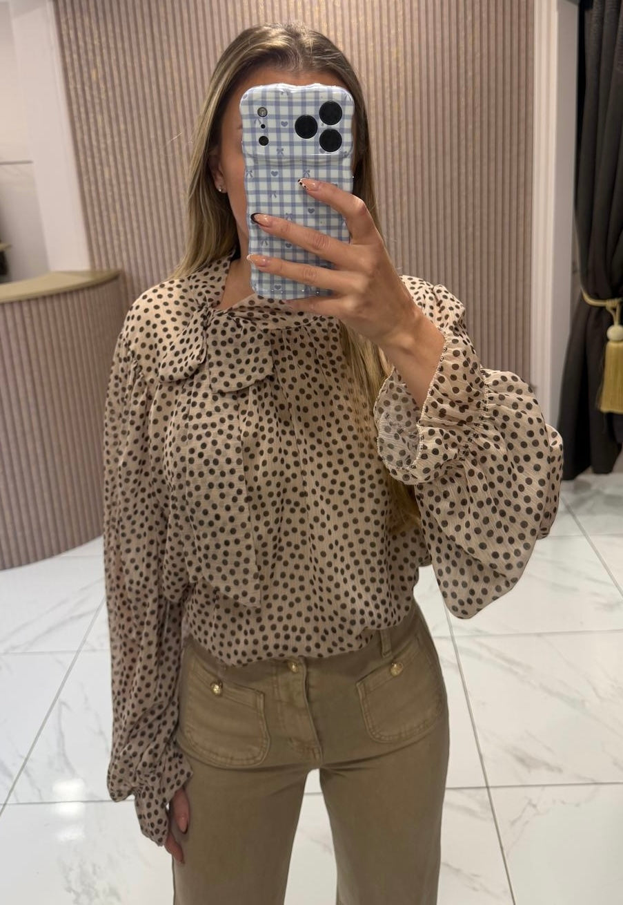 Marnie Cream Polka Dot Print Bow Blouse