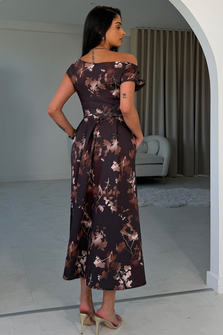 Betty Floral Asymmetric Neckline Skater Dress Brown