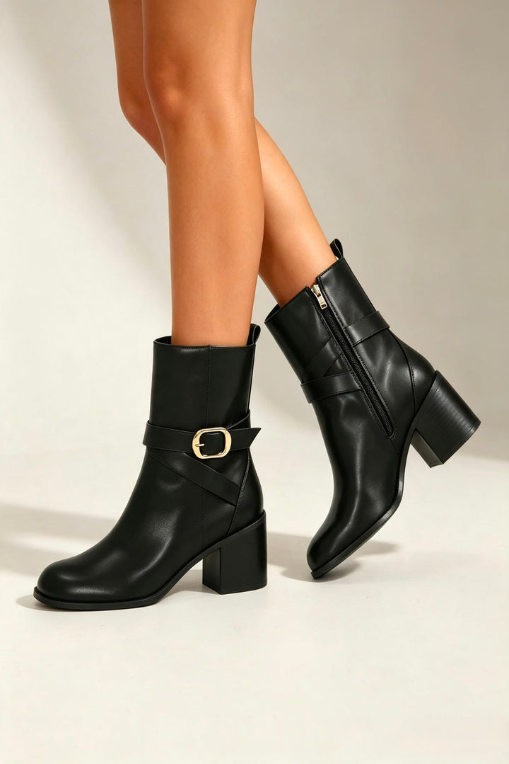 Belinda  Black Ankle Boots With Gold Buckle