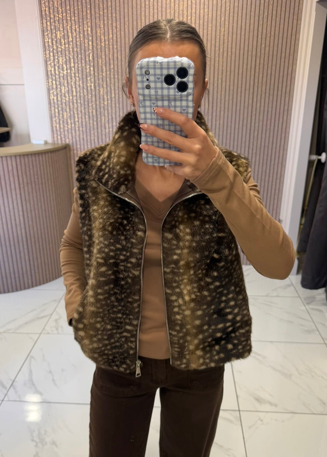 Nancy Deer Print Faux Fur Zip Up Gilet