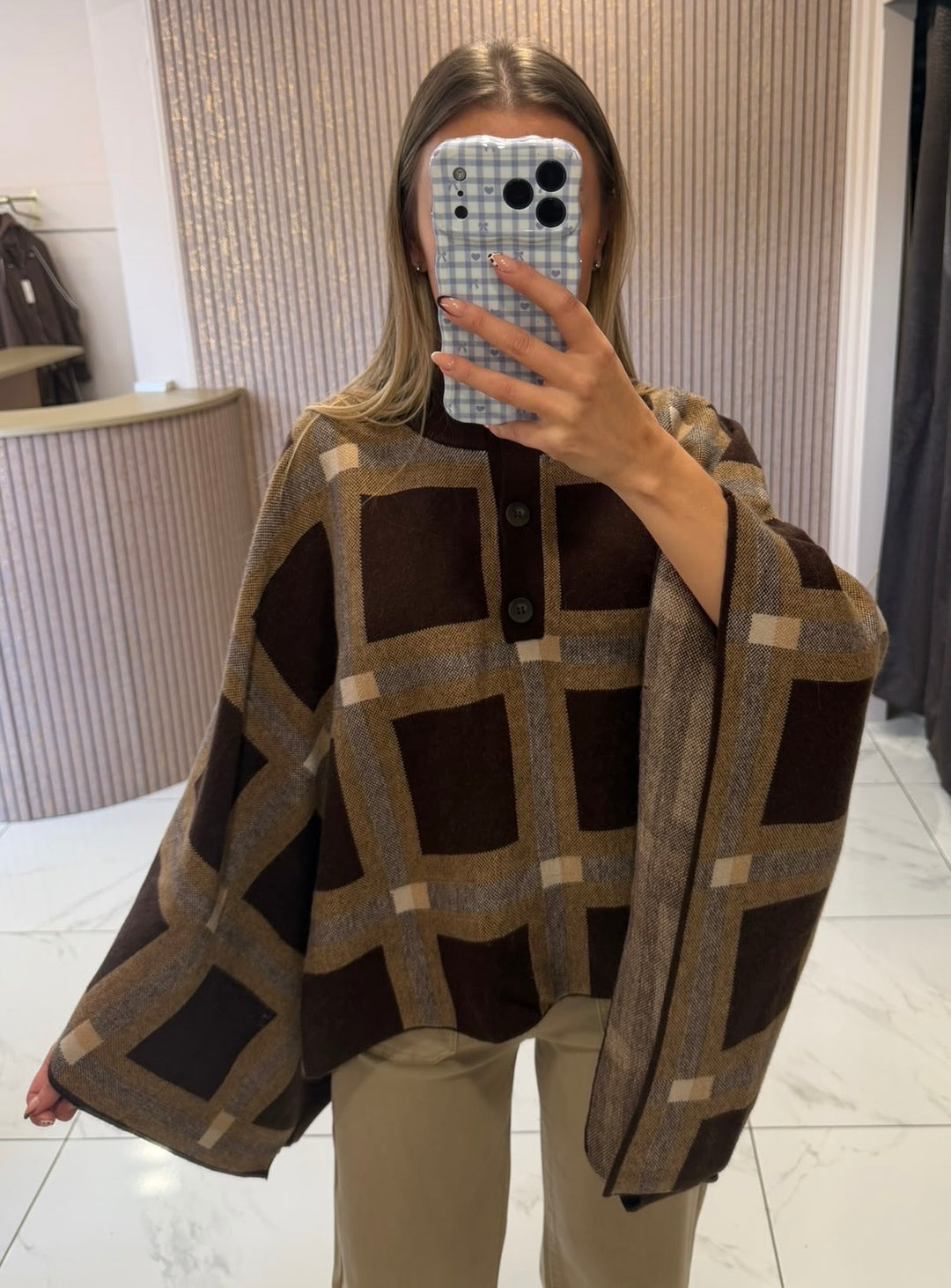 Arabella Chocolate Check Knit Poncho/Cardigan/Cape