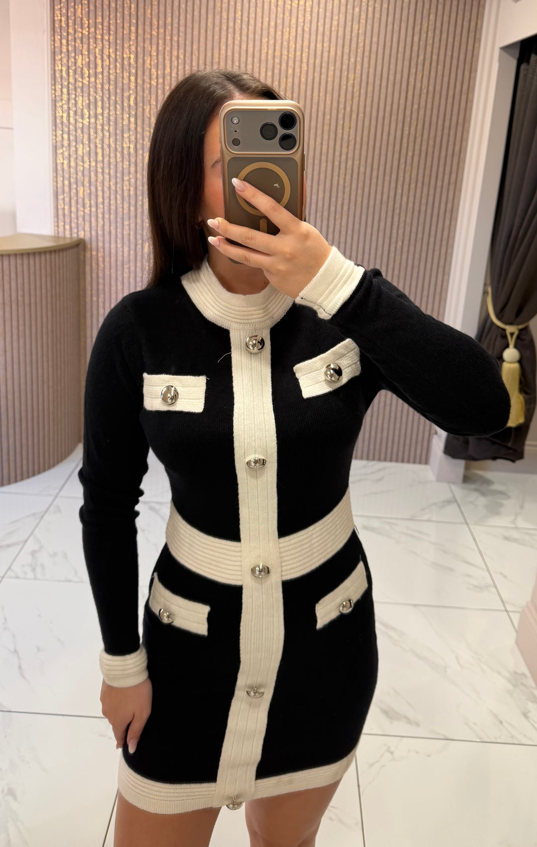 Carrie Black &amp; White Knit Button Dress