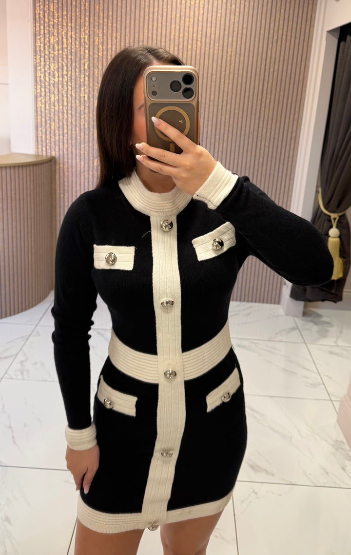 Carrie Black &amp; White Knit Button Dress
