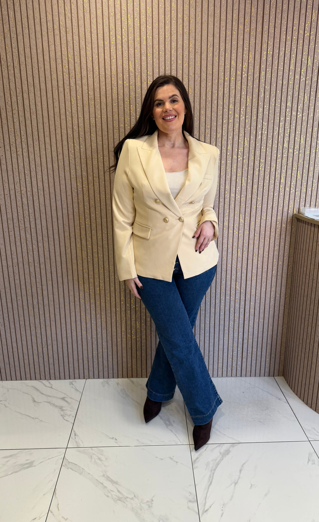 Alena Cream Gold Button Double Breasted Blazer