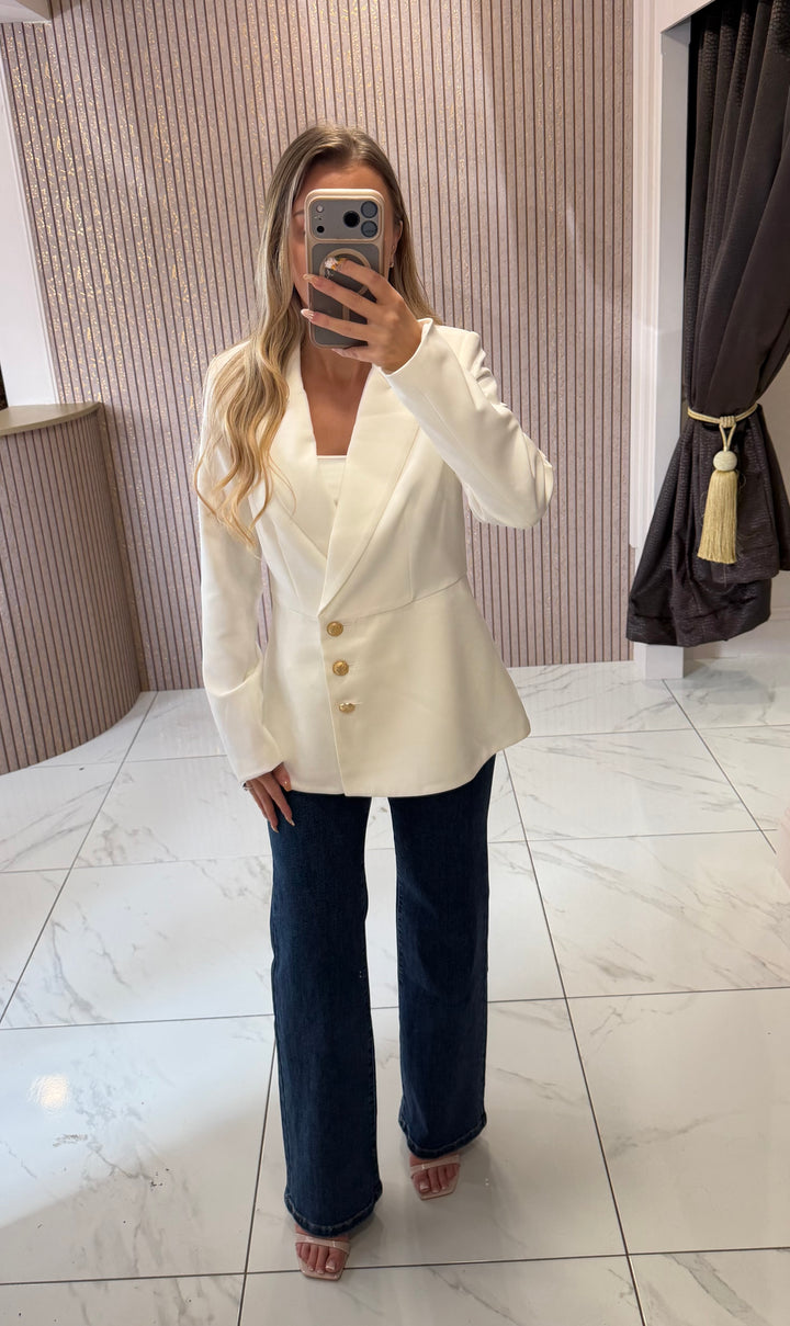 Charlotte White Structured Blazer With Gold Buttons