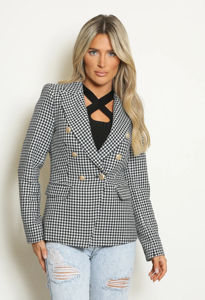 Helena Houndstooth Double Breasted Blazer With Gold Buttons