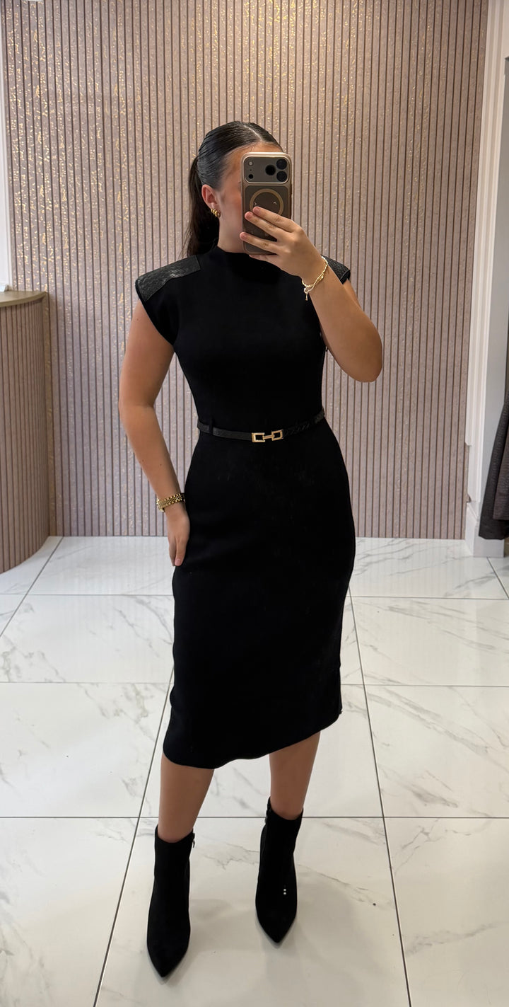 Katelynn Black Belted Knit Dress