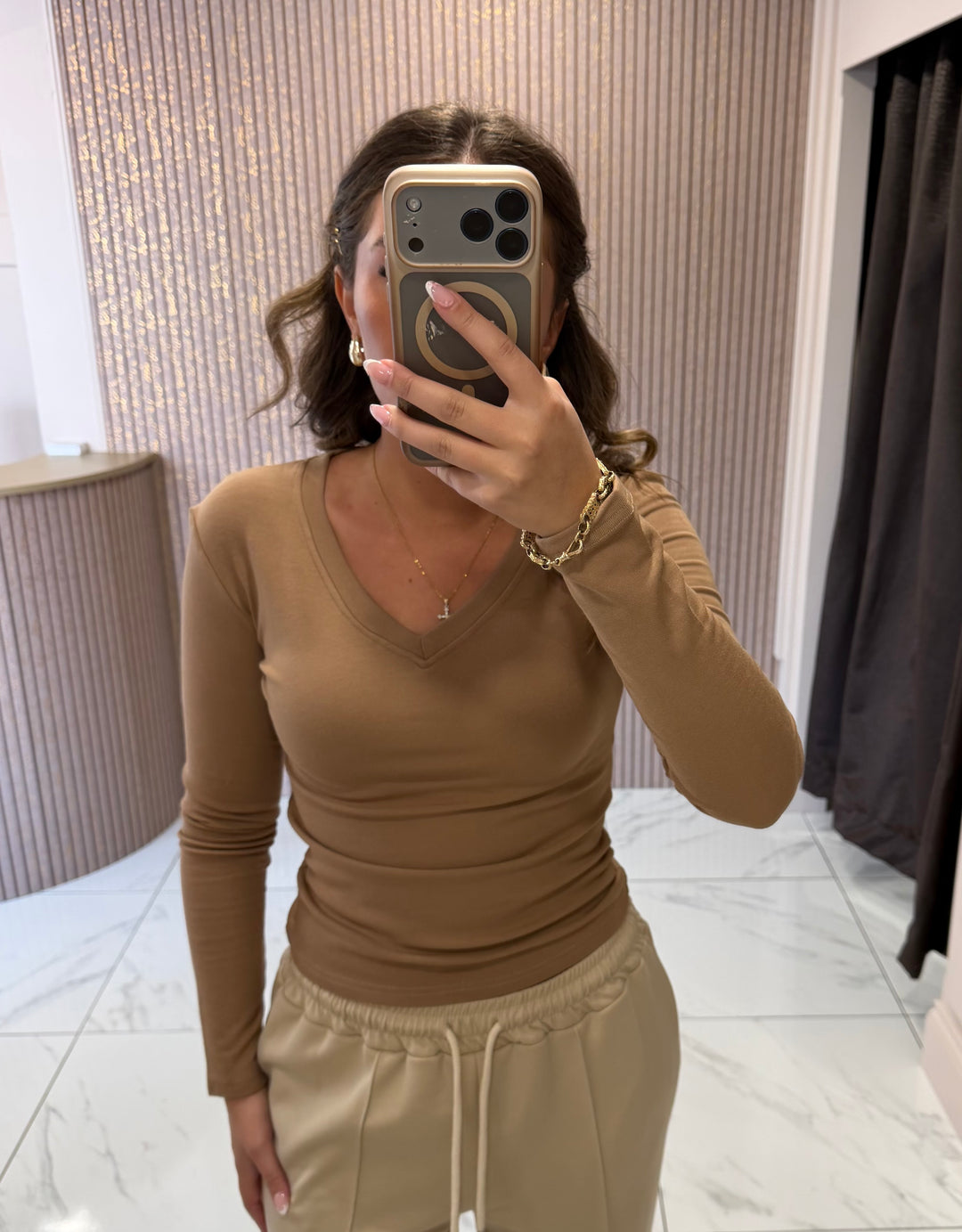 Lottie Camel V Neck Cotton Long Sleeve Top