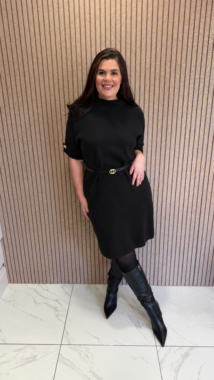 Jess Black Belted Knit Dress