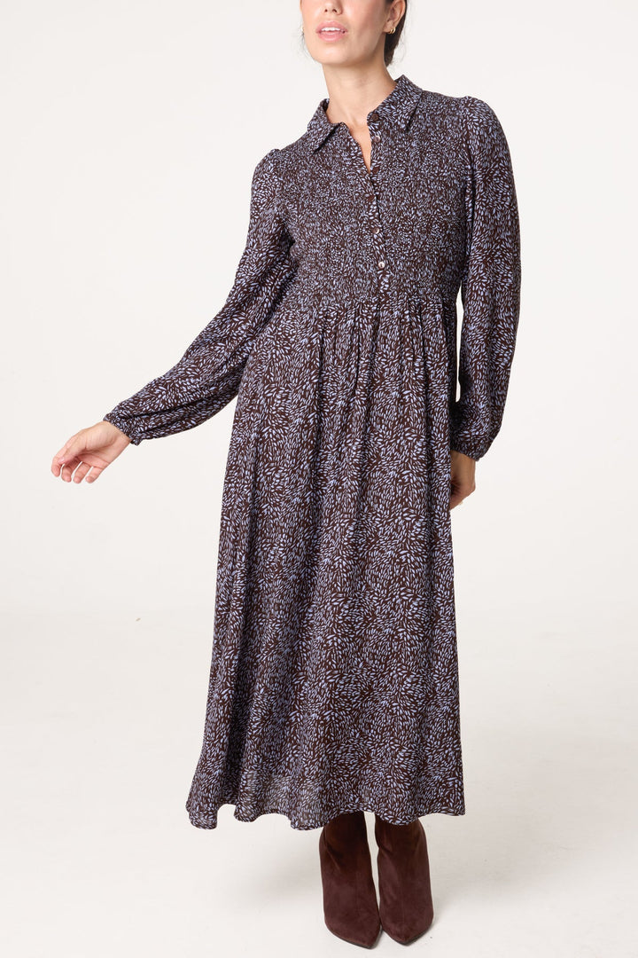 Lydia Long Sleeve Chocolate Print Midi Dress