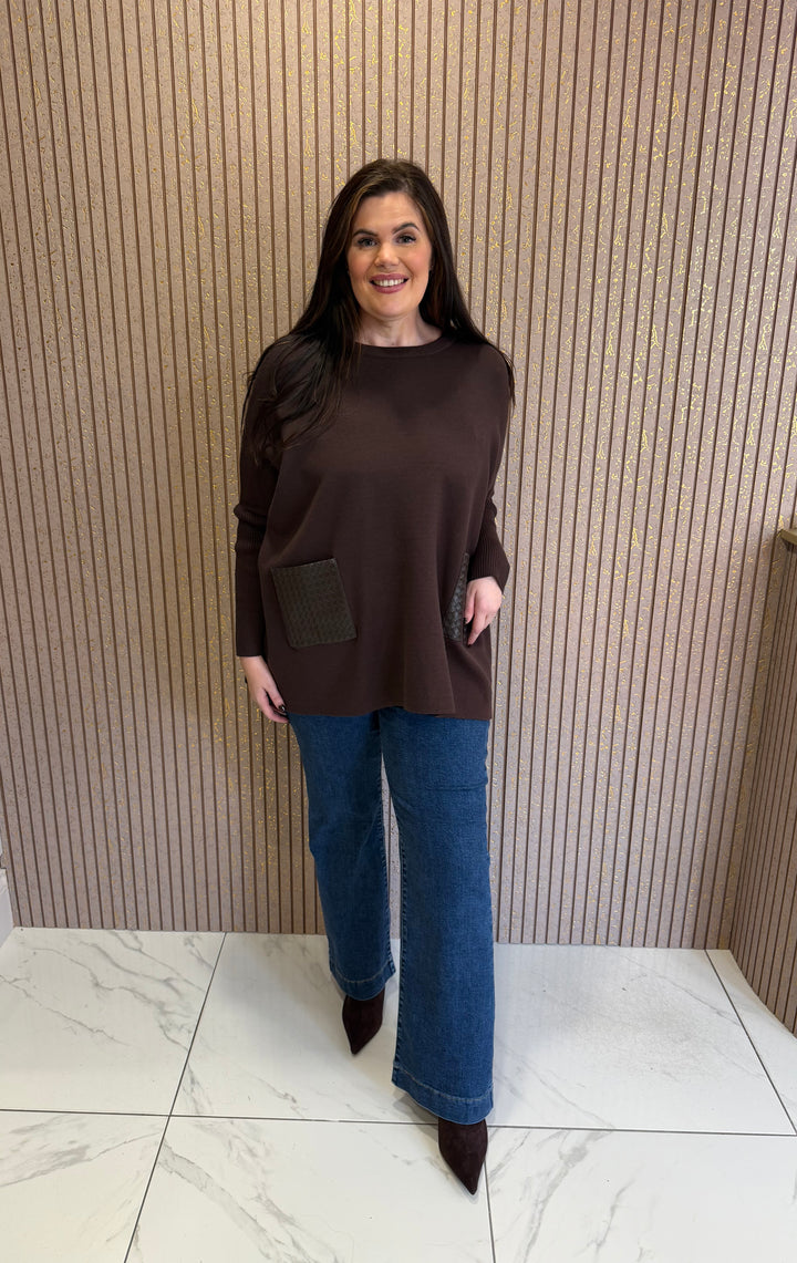 Blossom Brown PU Textured Pocket Jumper