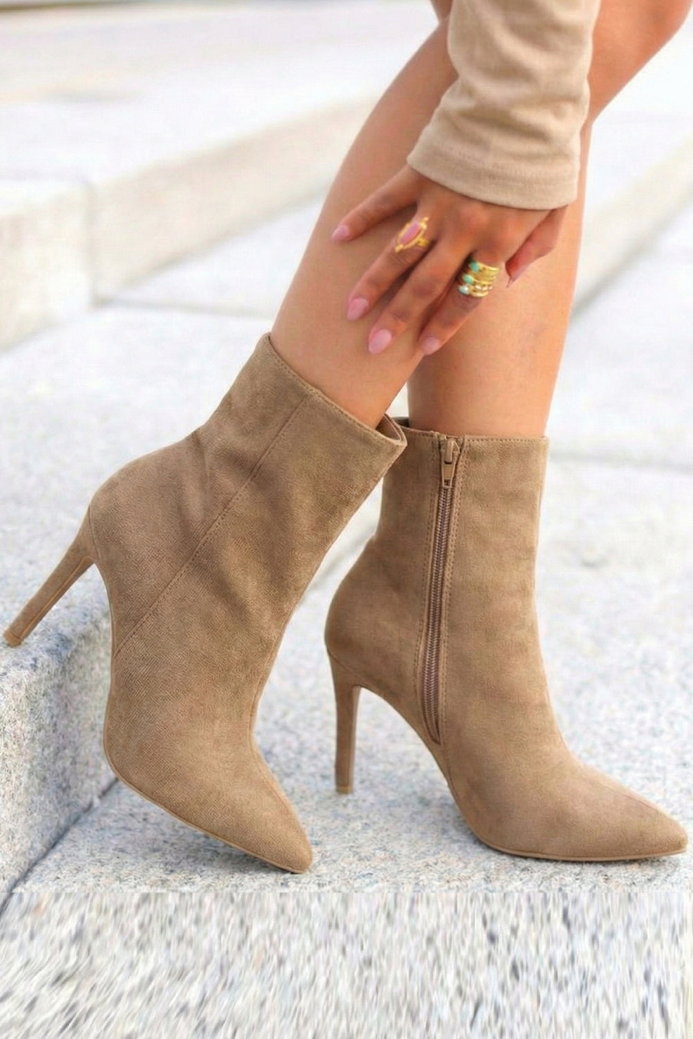 Cara CamelSuede Pointed Toe Stiletto Ankle Boots