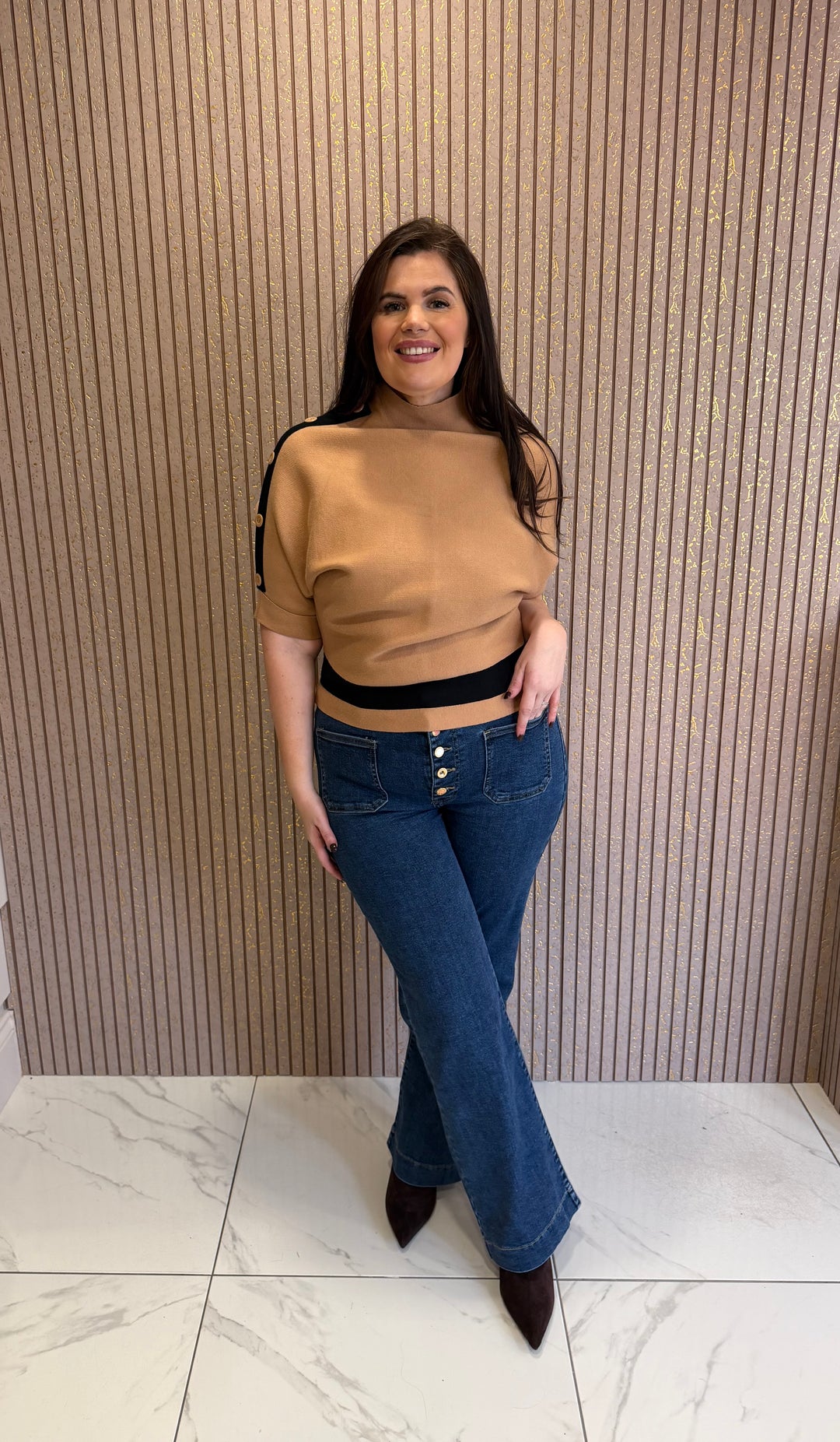 Harlow Camel &amp; Black Knit Jumper/Top