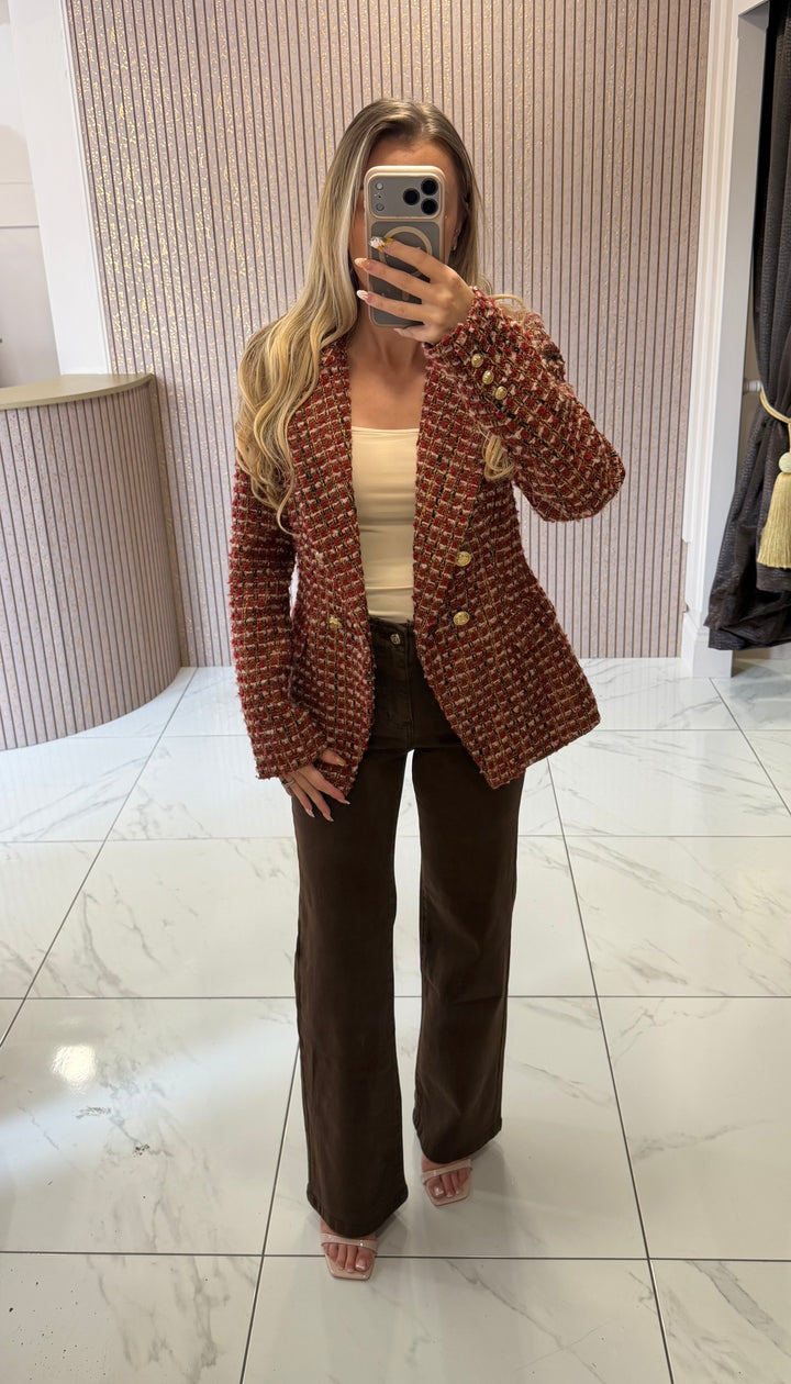 Joanna Wine/Burgundy Tweed Blazer With Gold Buttons