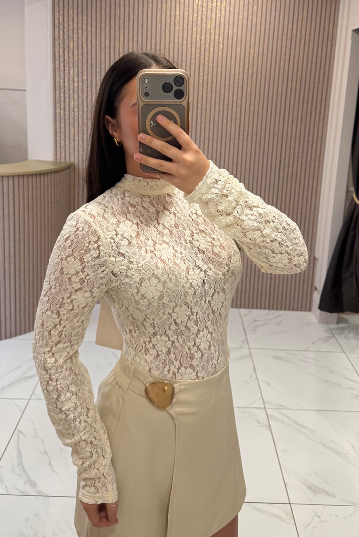 Elle Bow Back Cream Lace Bodysuit