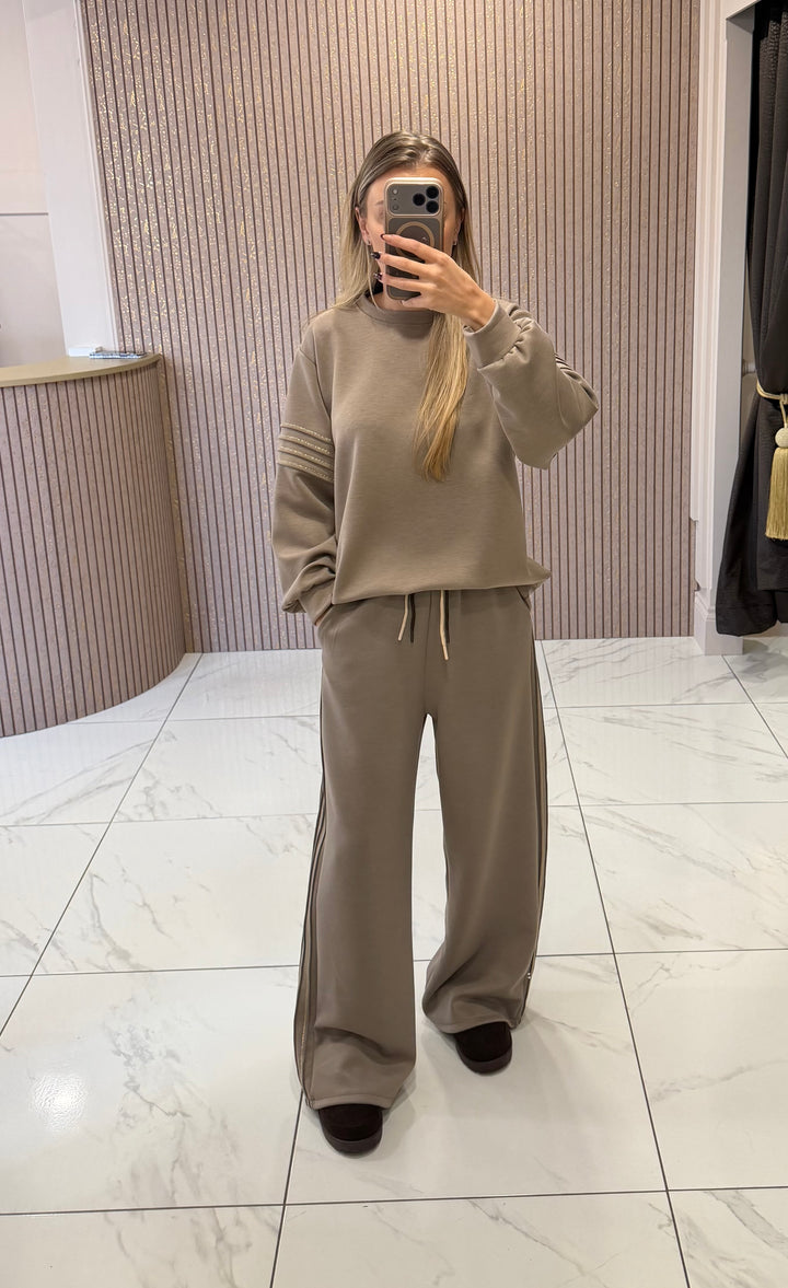 Mona Taupe Sweater Top &amp; Wide Leg Trouser Set