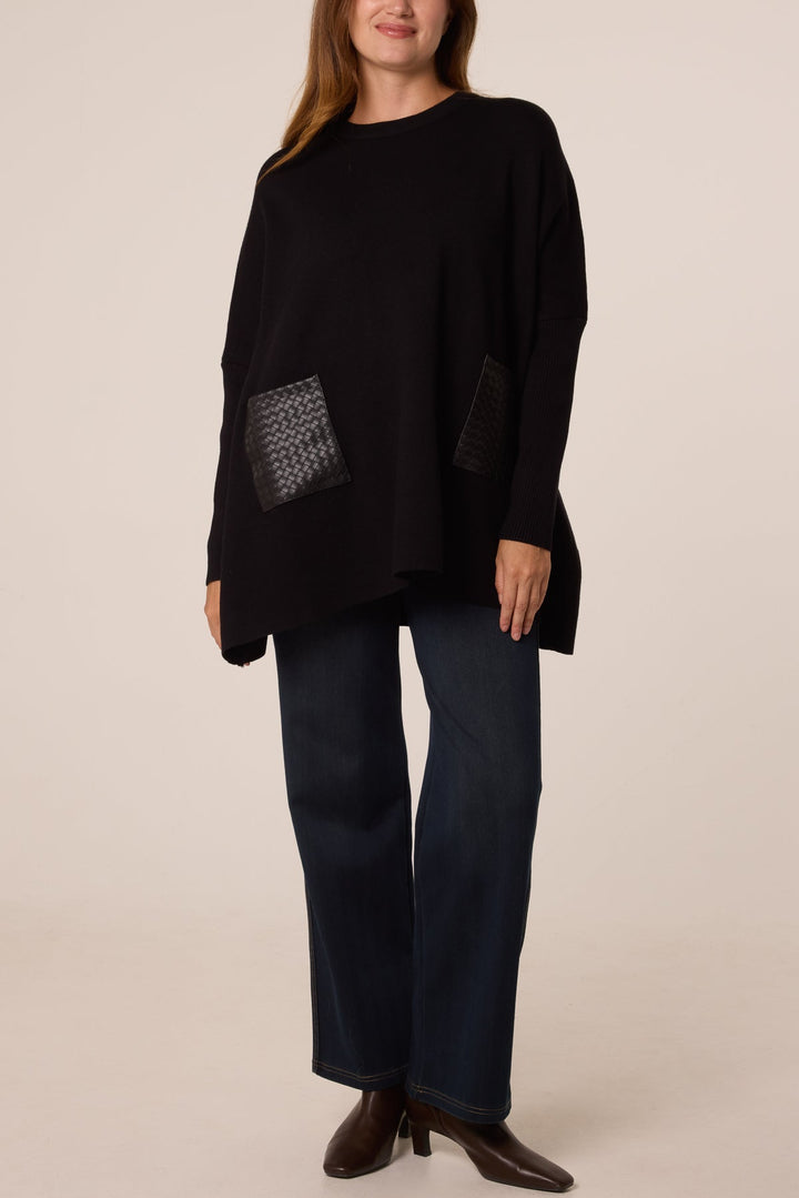Blossom Black PU Textured Pocket Jumper