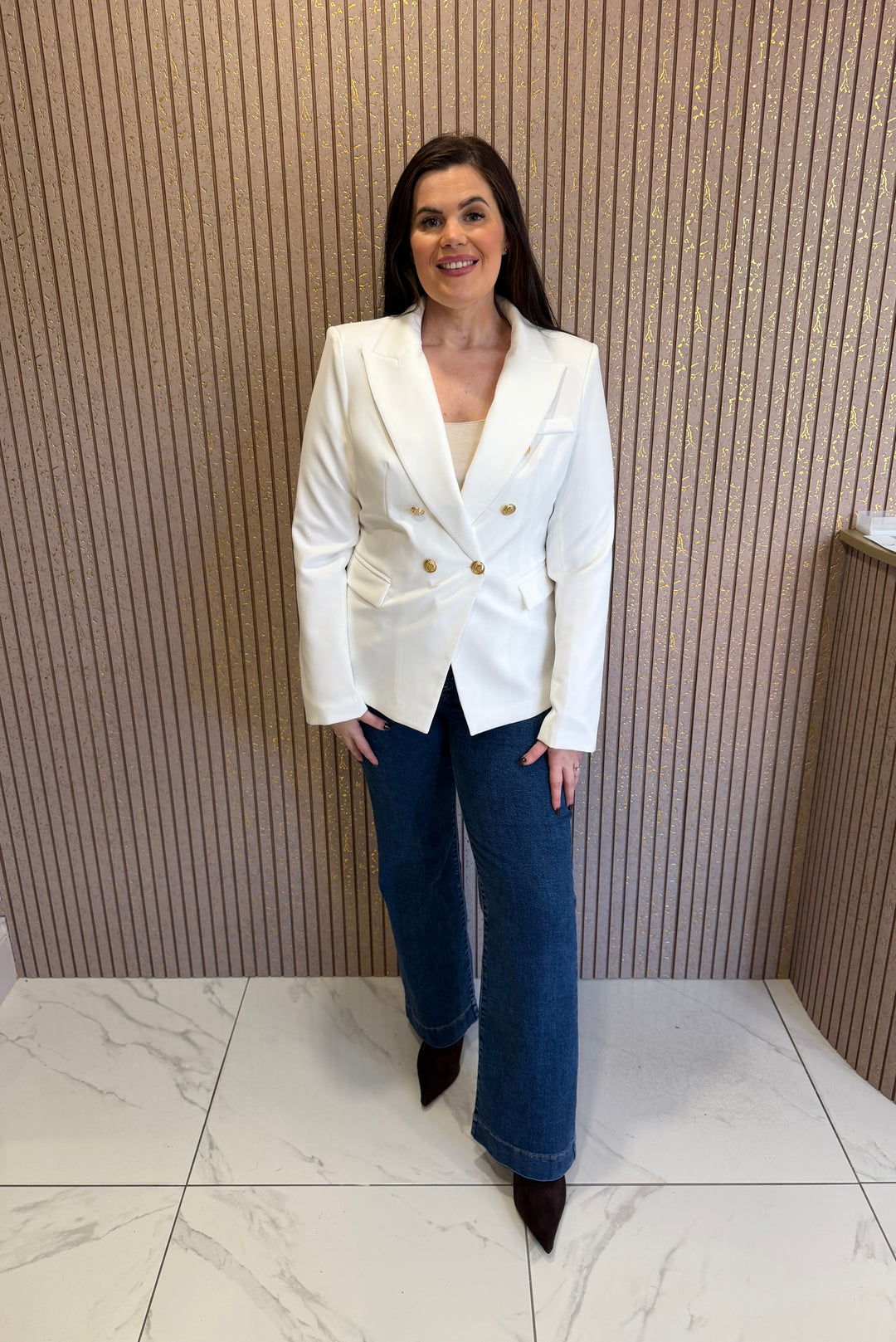 Alena White Gold Button Double Breasted Blazer
