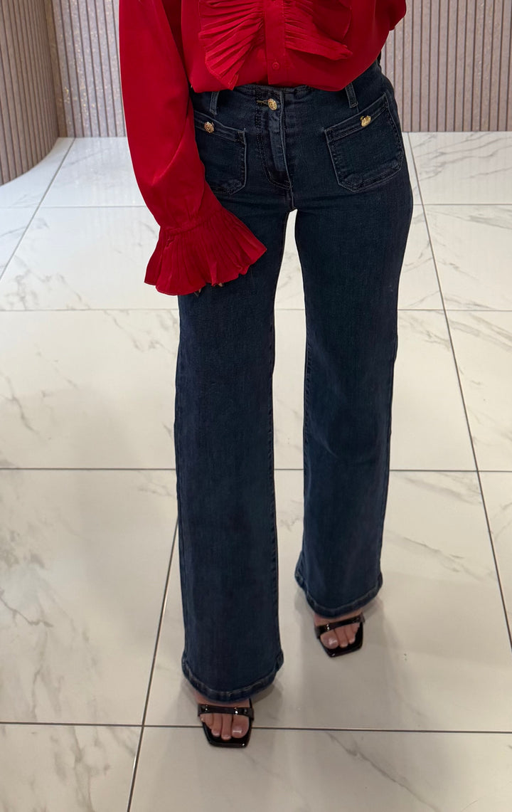 Tilly Dark Blue Front Pocket Gold Button Jeans