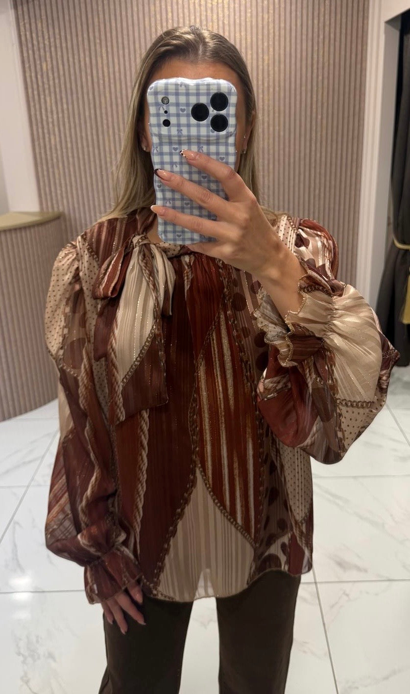 Patsy Camel Scarf Inspired Print Blouse