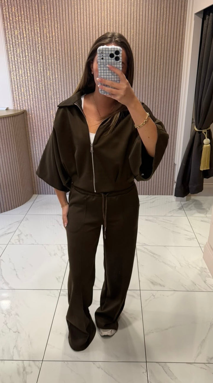 Orla Chocolate Zip Jacket &amp; Trousers Lounge Set/Co-ord