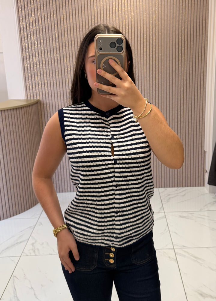 Honey Striped Navy Knit Button Front Top