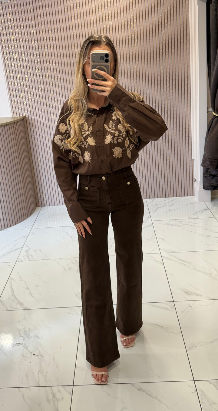 Betsy Chocolate Floral Embroidered Shirt/Blouse