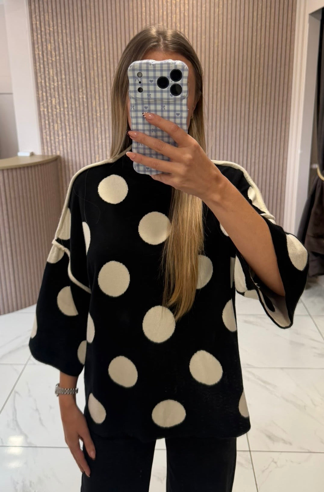 Florence Black &amp; Cream Polka Dot Knit Top/Jumper