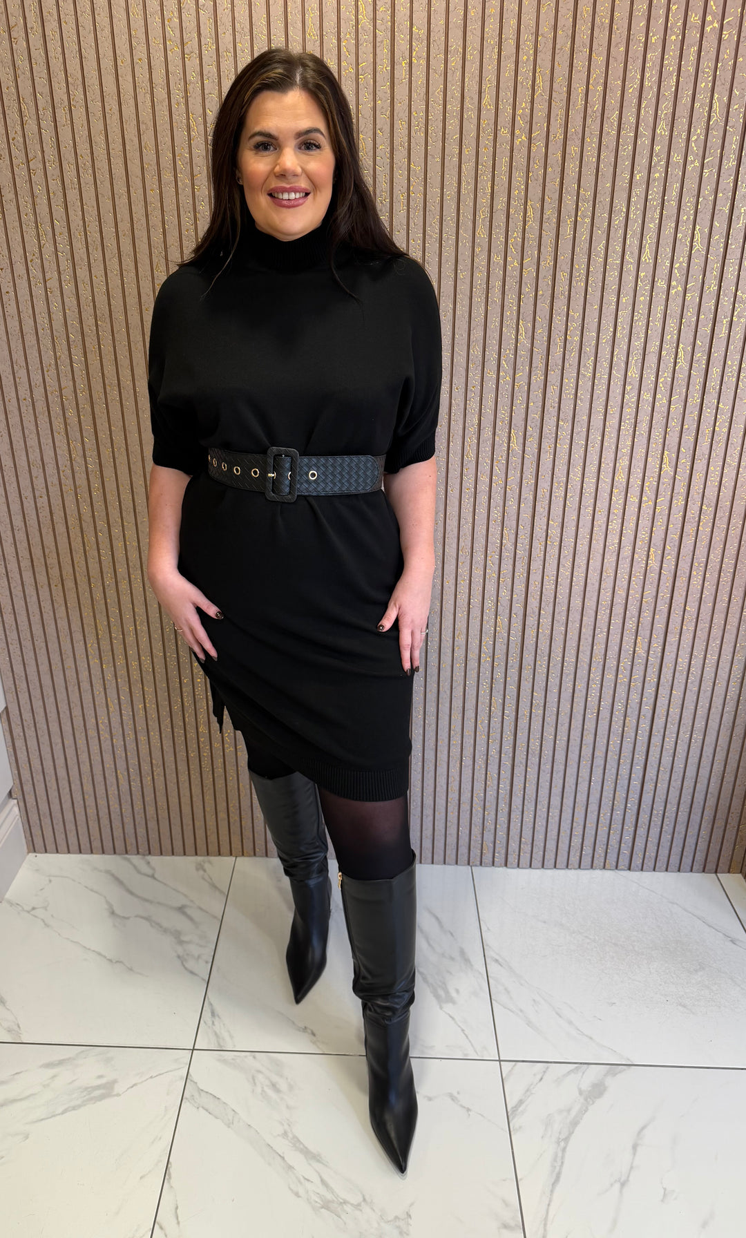 Carly Black Belted Knit Dress
