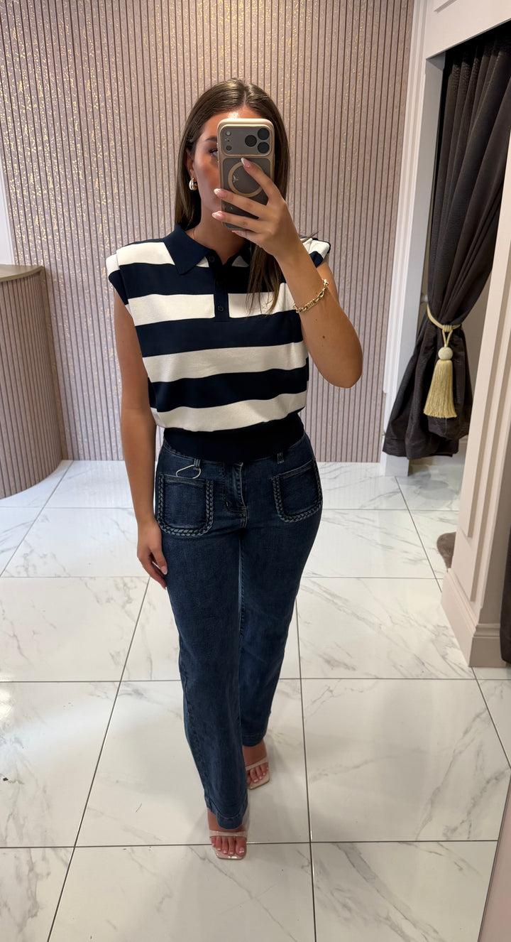 Rosie Navy Striped Fine Knit Button Top