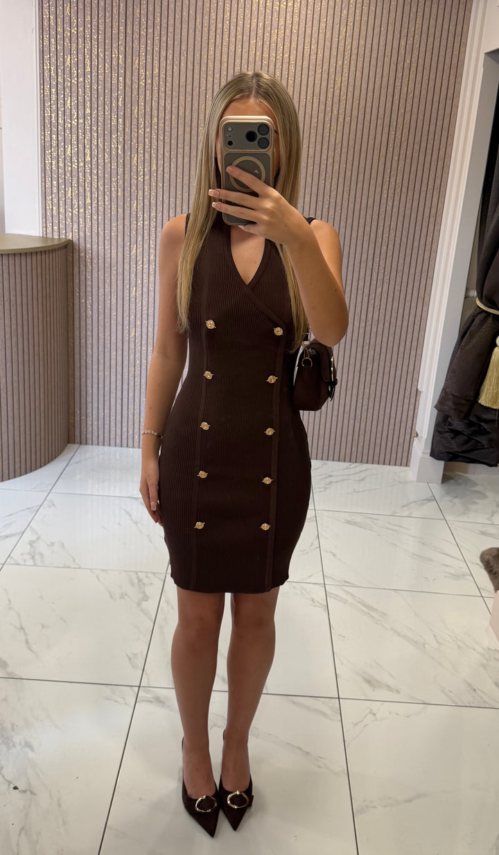 Clarissa Chocolate Knit Button Dress