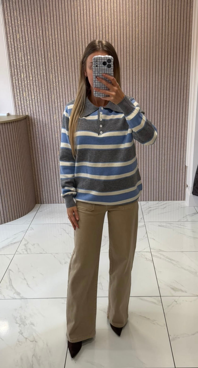 Erin Grey, Blue &amp; Cream Striped Button Up Knit Jumper