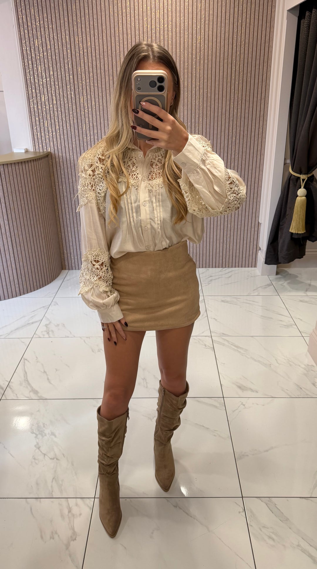 Luna Beige Faux Suede Skort