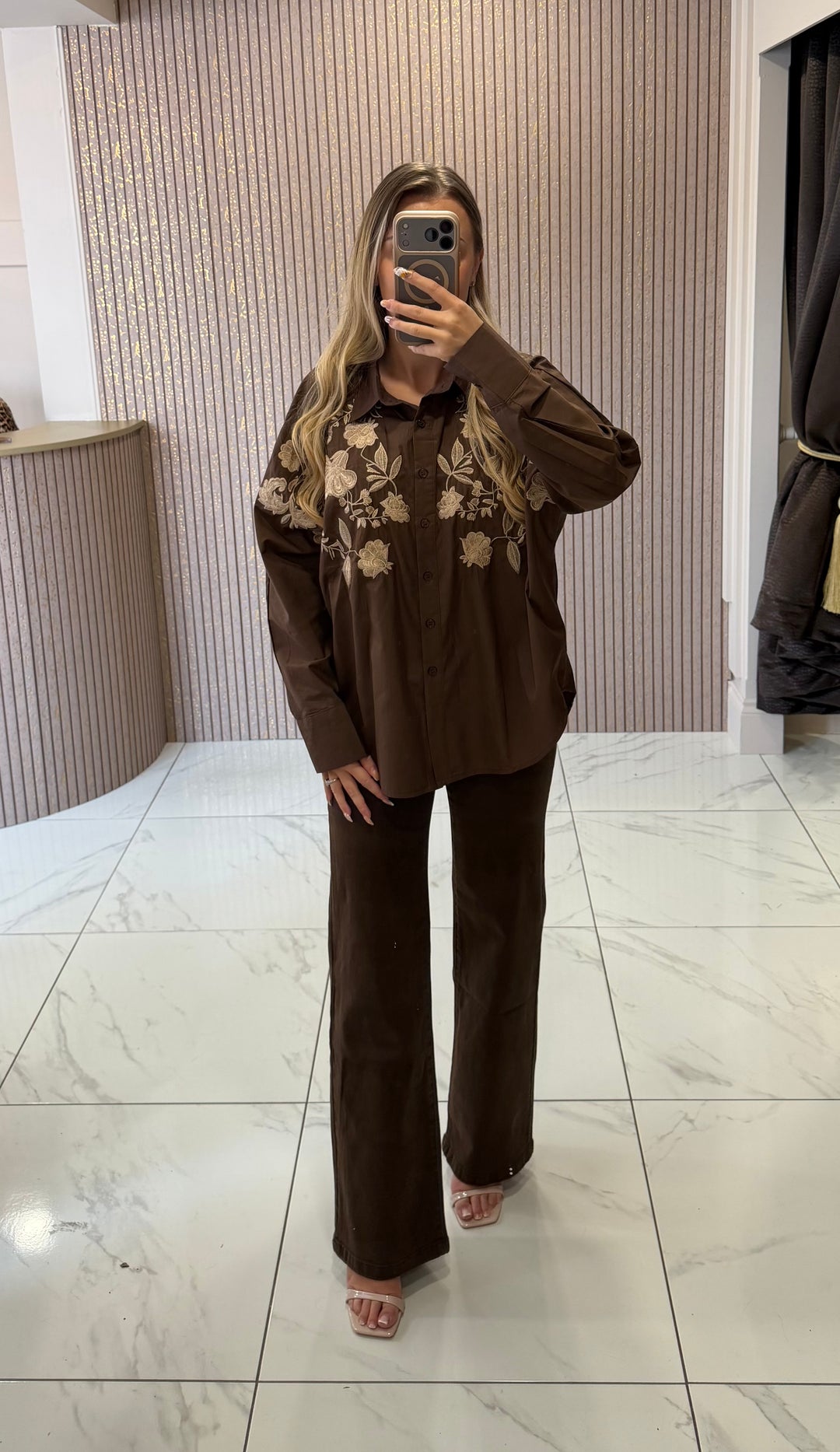 Betsy Chocolate Floral Embroidered Shirt/Blouse