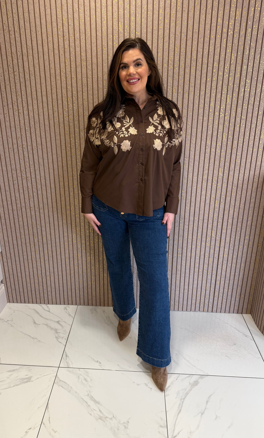 Betsy Chocolate Floral Embroidered Shirt/Blouse