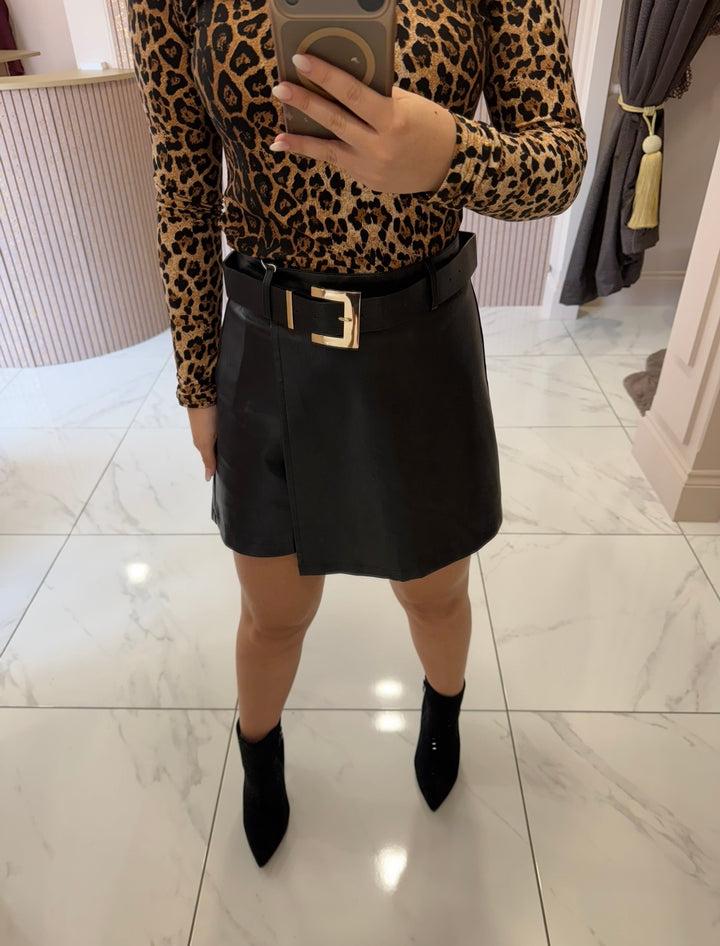 Sienna Black Faux Leather Belted Skort