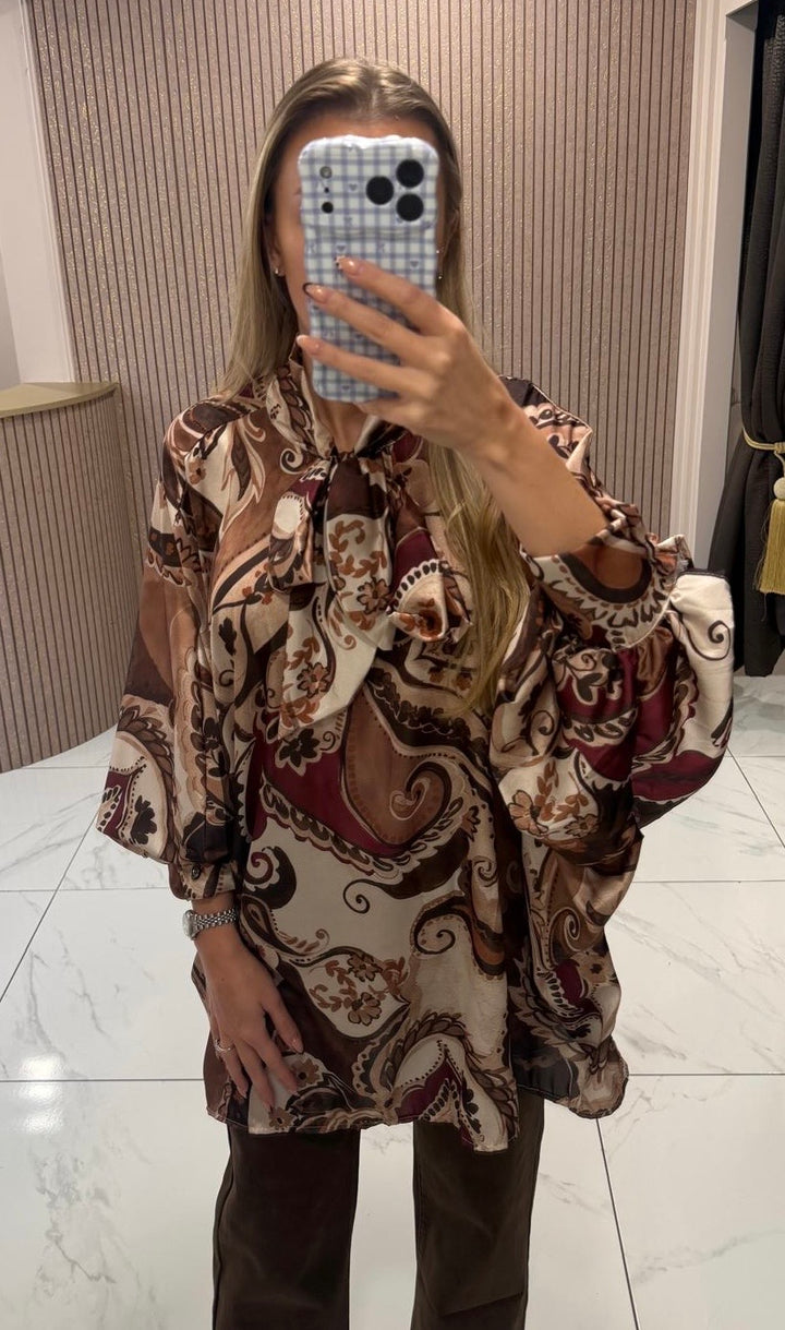 Amber Paisley Print Longline Bow Blouse