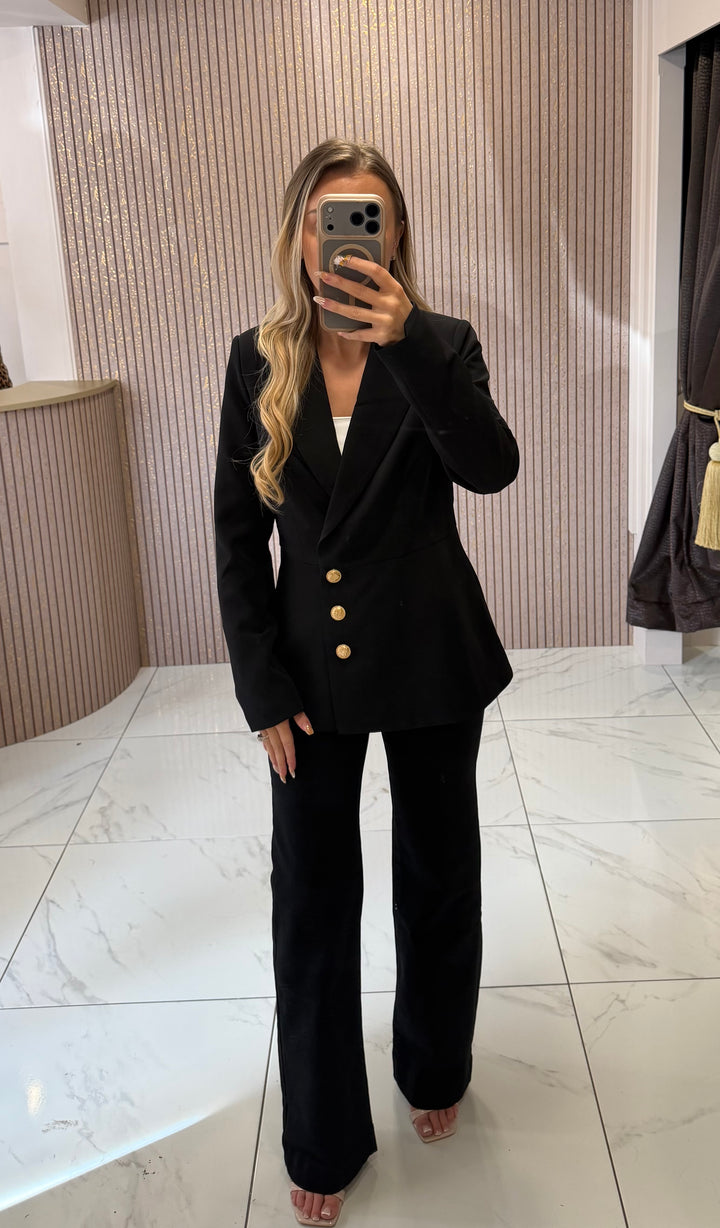 Charlotte Black Structured Blazer With Gold Buttons