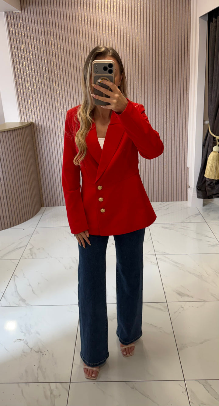 Charlotte Red Structured Blazer With Gold Buttons