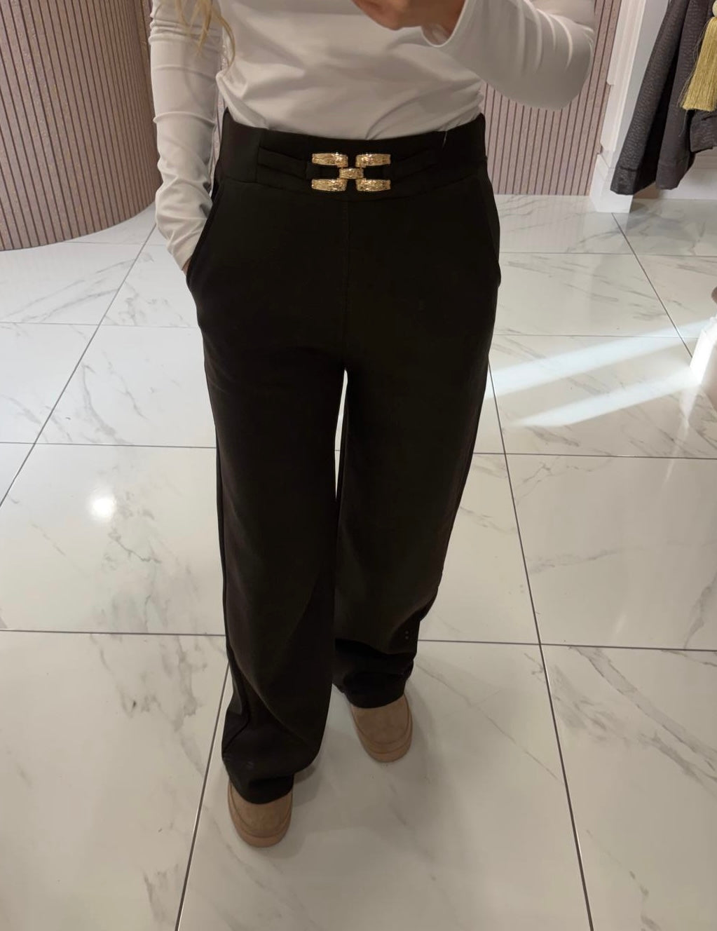 Chocolate Statement Gold Buckle Scuba Trousers